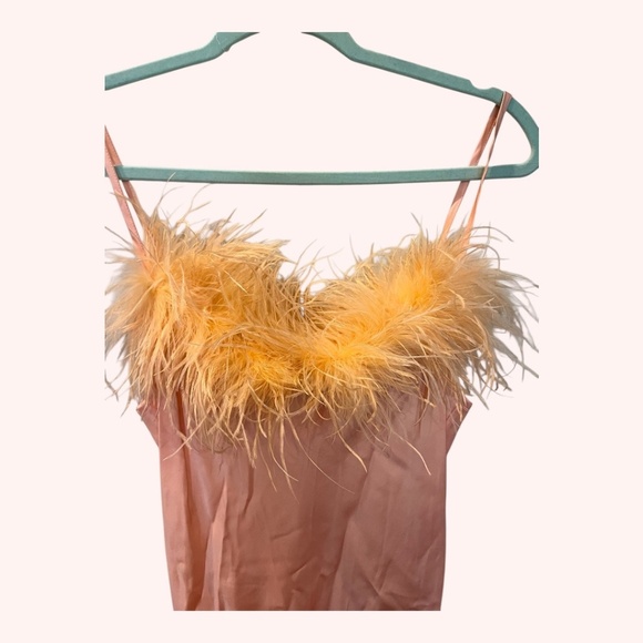 Sleeper Sultry Retro Dreamy Peach Feather Trim Glam Satin Slip Dress NWT Size S - Picture 8 of 12